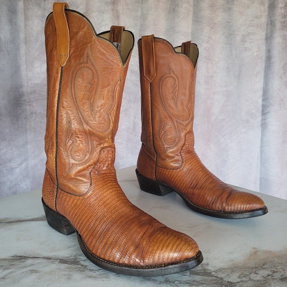 Rios of Mercedes Lizard Western Cowboy Boots Size 11.5 D Brogue Saddle Tan